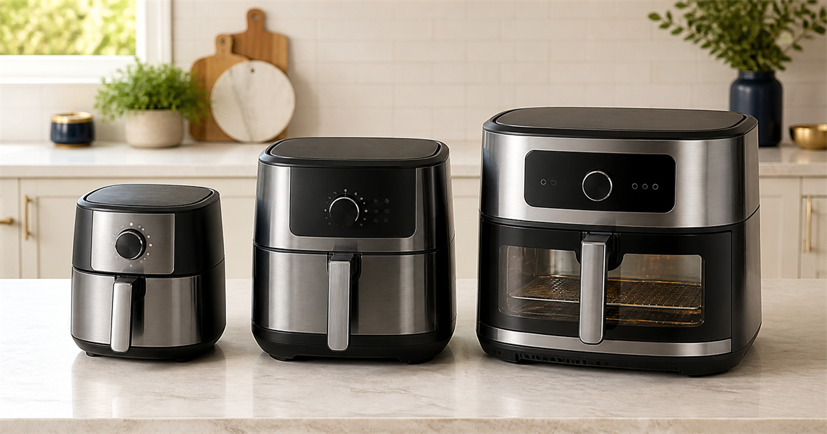 Compact, mid-size, and large unbranded air fryers compared in a bright modern kitchen.