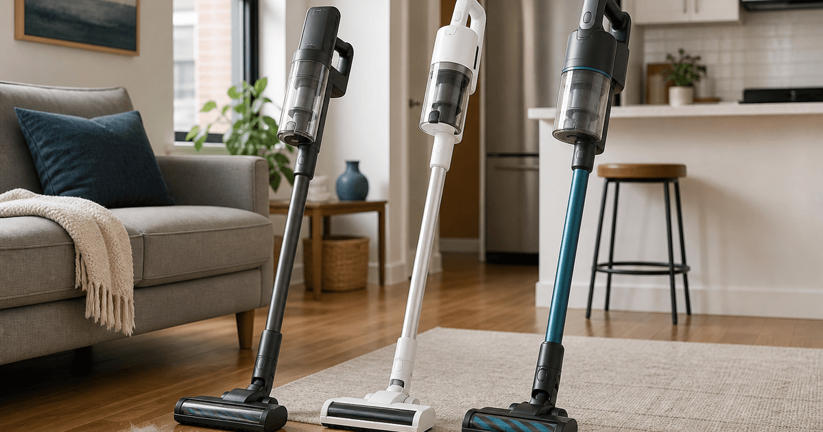 Cordless stick vacuums compared in a bright apartment with hardwood floor and an area rug.