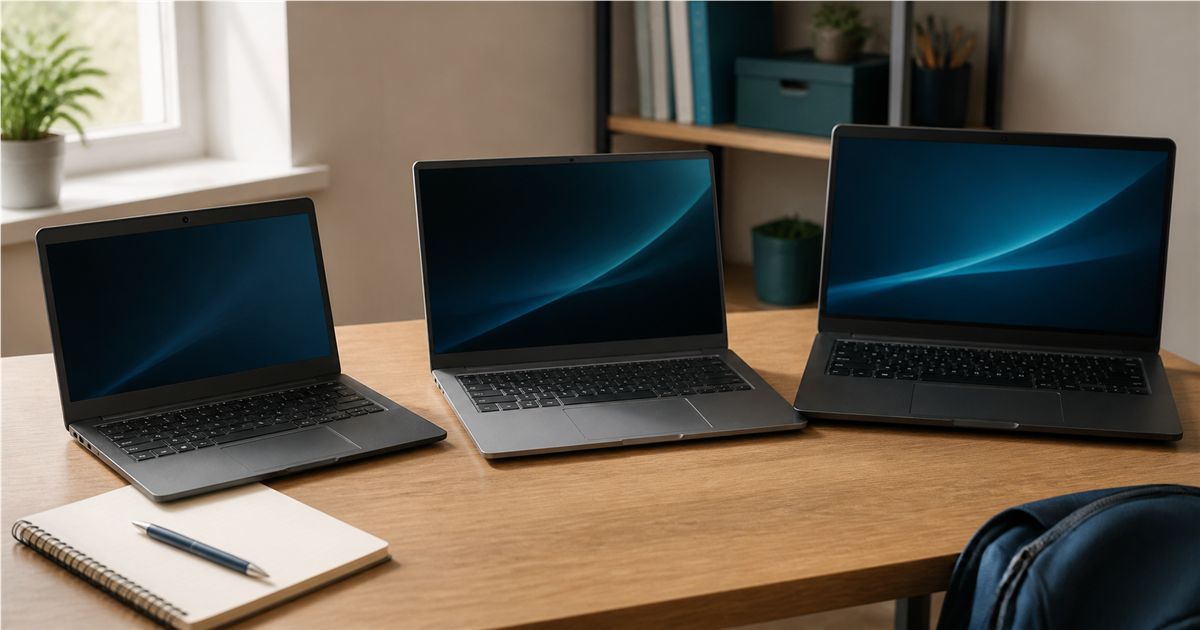 Three unbranded laptops compared on a bright student study desk.